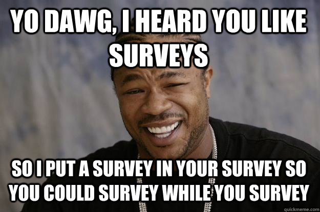 Yo dawg, i heard you like surveys so i put a survey in your survey so you could survey while you survey - Yo dawg, i heard you like surveys so i put a survey in your survey so you could survey while you survey  Xzibit meme