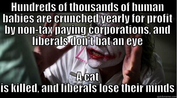 HUNDREDS OF THOUSANDS OF HUMAN BABIES ARE CRUNCHED YEARLY FOR PROFIT BY NON-TAX PAYING CORPORATIONS, AND LIBERALS DON'T BAT AN EYE A CAT IS KILLED, AND LIBERALS LOSE THEIR MINDS Joker Mind Loss