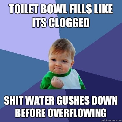 Toilet bowl fills like its clogged Shit water gushes down before overflowing  Success Kid