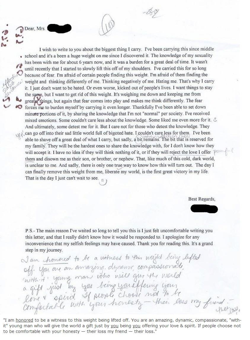Student Comes Out To Teacher In Writing Assignment. Her Response Will