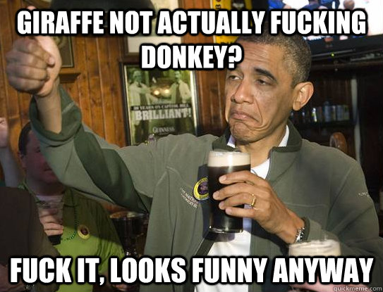 Giraffe not actually fucking donkey? Fuck it, looks funny anyway  Upvoting Obama