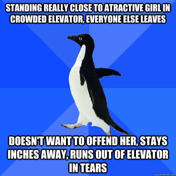 Standing really close to atractive girl in crowded elevator, Everyone else leaves Doesn't want to offend her, stays inches away, runs out of elevator in tears  Socially Awkward Penguin