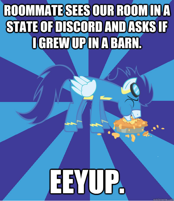 Roommate sees our room in a state of discord and asks if I grew up in a barn. Eeyup. - Roommate sees our room in a state of discord and asks if I grew up in a barn. Eeyup.  Foal Bachelor Brony