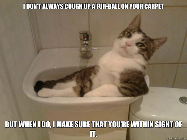 I don't always cough up a fur-ball on your carpet But when I do, I make sure that you're within sight of it. - I don't always cough up a fur-ball on your carpet But when I do, I make sure that you're within sight of it.  Most interesting cat in the world
