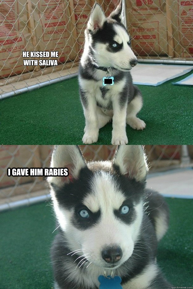He kissed me 
with saliva I gave him RABIES  Insanity puppy