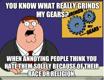 you know what really grinds my gears? When annoying people think you hate them solely because of their race or religion. - you know what really grinds my gears? When annoying people think you hate them solely because of their race or religion.  Grinds my gears