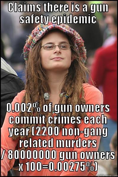 CLAIMS THERE IS A GUN SAFETY EPIDEMIC 0.002% OF GUN OWNERS COMMIT CRIMES EACH YEAR (2200 NON-GANG RELATED MURDERS / 80000000 GUN OWNERS X 100=0.00275%) College Liberal