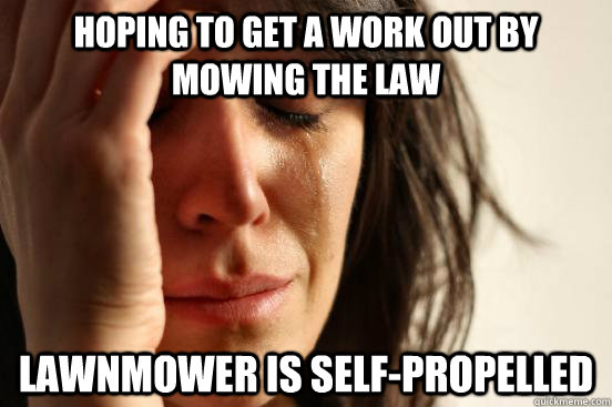 Hoping to get a work out by mowing the law lawnmower is self-propelled  First World Problems