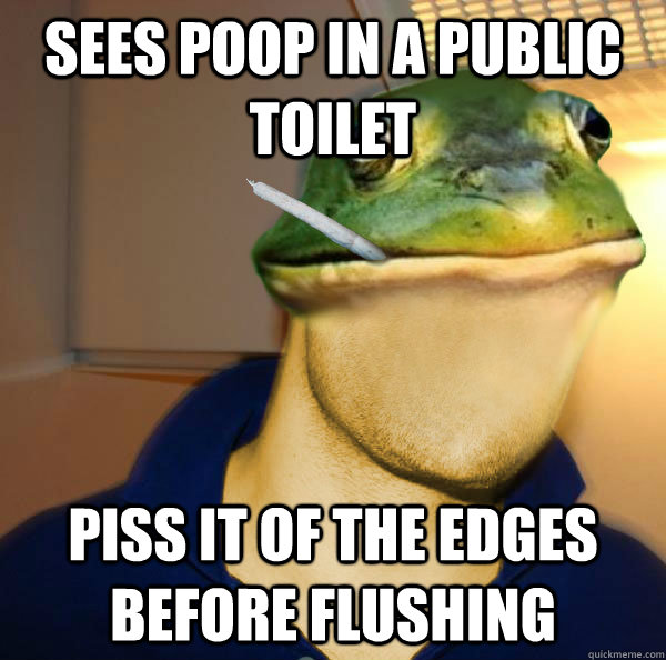 Sees poop in a public toilet Piss it of the edges before flushing - Sees poop in a public toilet Piss it of the edges before flushing  Good Guy Foul Bachelor Frog