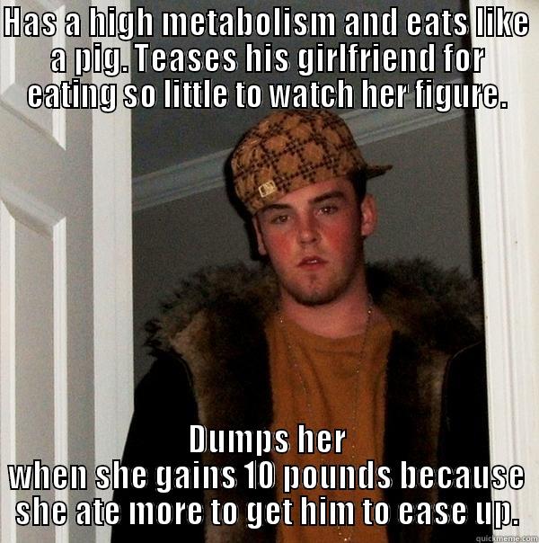 HAS A HIGH METABOLISM AND EATS LIKE A PIG. TEASES HIS GIRLFRIEND FOR EATING SO LITTLE TO WATCH HER FIGURE. DUMPS HER WHEN SHE GAINS 10 POUNDS BECAUSE SHE ATE MORE TO GET HIM TO EASE UP. Scumbag Steve