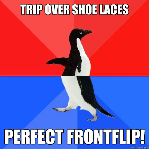 Trip Over Shoe Laces Perfect FrontFlip!  Socially Awksome Penguin