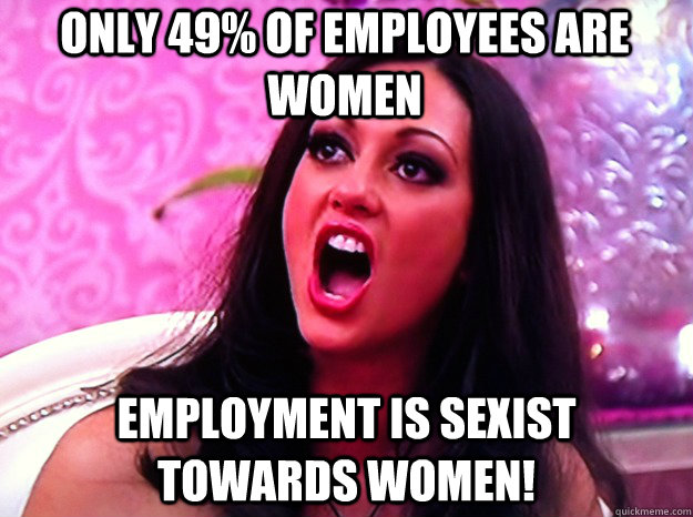 ONLY 49% of employees are women employment is sexist towards women!  Feminist Nazi