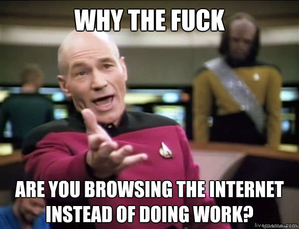 why the fuck Are you browsing the internet instead of doing work?  Annoyed Picard HD