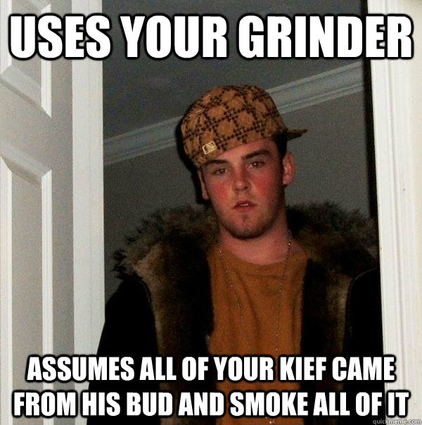 Uses your grinder Assumes all of your kief came from his bud and smoke all of it  Scumbag Steve