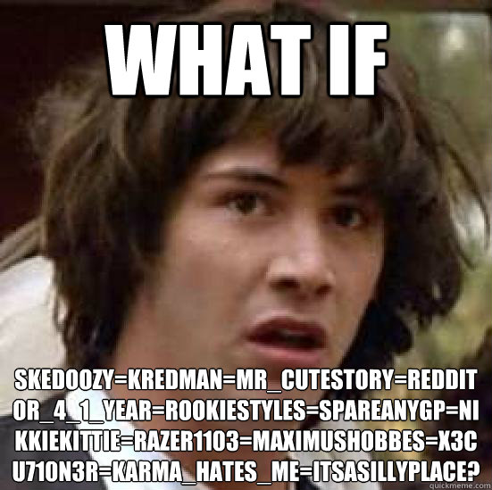 what if  Skedoozy=kredman=Mr_Cutestory=redditor_4_1_year=RookieStyles=spareanygp=nikkiekittie=Razer1103=maximushobbes=x3cu710n3r=Karma_hates_me=itsasillyplace?  conspiracy keanu