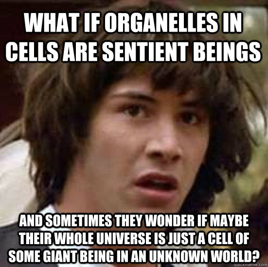 What if Organelles in cells are sentient beings and sometimes they wonder if maybe their whole universe is just a cell of some giant being in an unknown world? - What if Organelles in cells are sentient beings and sometimes they wonder if maybe their whole universe is just a cell of some giant being in an unknown world?  conspiracy keanu