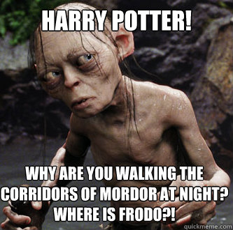 HARRY POTTER! Why are you walking the corridors of Mordor at night?
Where is Frodo?! - HARRY POTTER! Why are you walking the corridors of Mordor at night?
Where is Frodo?!  Smeagol