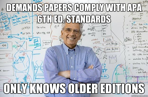 Demands papers comply with APA 6th ed. standards Only knows older editions - Demands papers comply with APA 6th ed. standards Only knows older editions  Engineering Professor