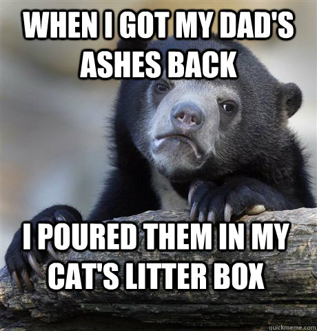 When i got my dad's ashes back I poured them in my cat's litter box  confessionbear