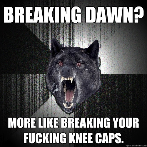 BREAKING DAWN?  MORE LIKE BREAKING YOUR FUCKING KNEE CAPS.  - BREAKING DAWN?  MORE LIKE BREAKING YOUR FUCKING KNEE CAPS.   Insanity Wolf