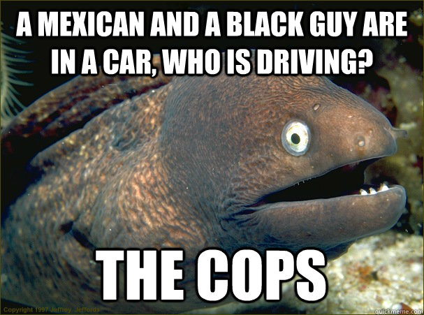 A mexican and a black guy are in a car, who is driving? The cops  Bad Joke Eel