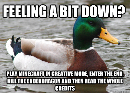 Feeling a bit down? Play minecraft in creative mode, enter the end, kill the enderdragon and then read the whole credits  Actual Advice Mallard