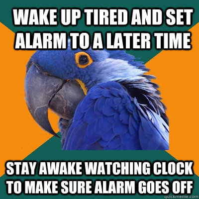 Wake up tired and set alarm to a later time stay awake watching clock to make sure alarm goes off  Paranoid Parrot