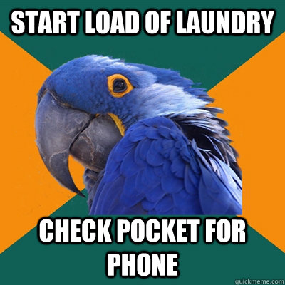 start load of laundry check pocket for phone  Paranoid Parrot