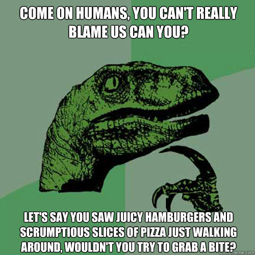 Come on humans, you can't really blame us can you? Let's say you saw juicy hamburgers and scrumptious slices of pizza just walking around, wouldn't you try to grab a bite?   Philosoraptor