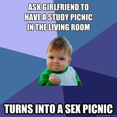 Ask girlfriend to
have a study picnic
in the living room turns into a sex picnic  Success Kid