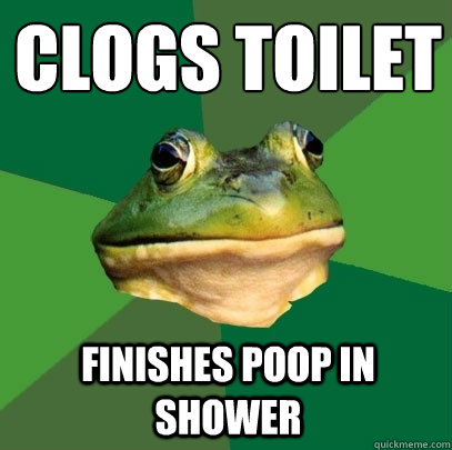 clogs toilet finishes poop in shower  Foul Bachelor Frog