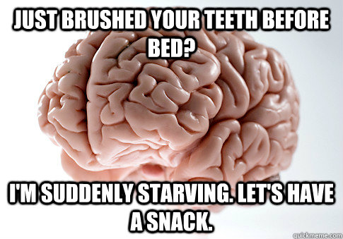JUST BRUSHED YOUR TEETH BEFORE BED? I'M SUDDENLY STARVING. LET'S HAVE A SNACK.  Scumbag Brain