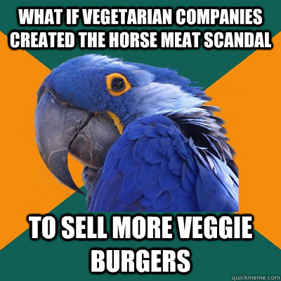 what if vegetarian companies created the horse meat scandal  to sell more veggie burgers  Paranoid Parrot