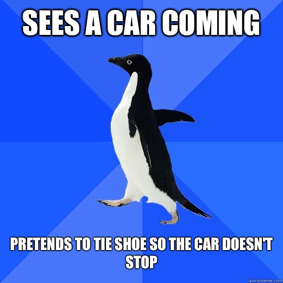 Sees a car coming Pretends to tie shoe so the car doesn't stop  Socially Awkward Penguin