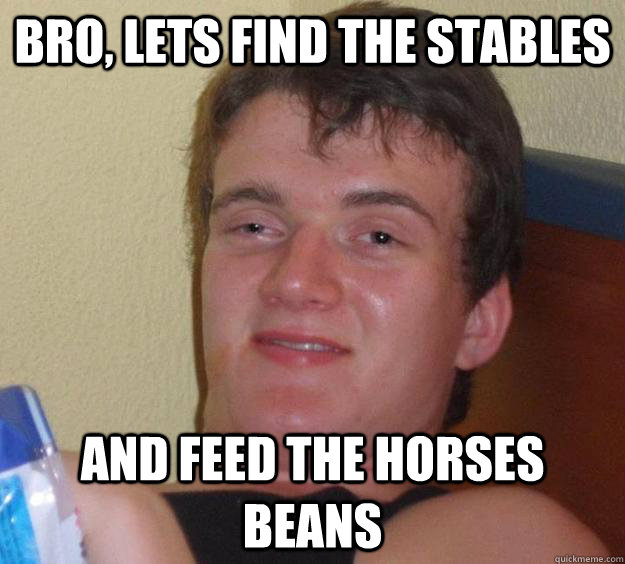 Bro, lets find the stables and feed the horses beans  10 Guy