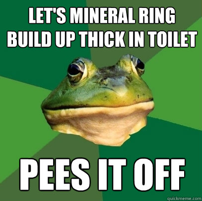 Let's mineral ring build up thick in toilet Pees it off  Foul Bachelor Frog