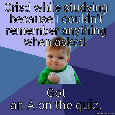CRIED WHILE STUDYING BECAUSE I COULDN'T REMEMBER ANYTHING WHEN ASKED. GOT AN A ON THE QUIZ. Success Kid