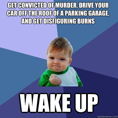 Get convicted of murder, drive your car off the roof of a parking garage, and get disfiguring burns Wake up  Success Kid