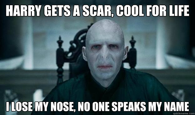 Harry gets a scar, cool for life i lose my nose, no one speaks my name - Harry gets a scar, cool for life i lose my nose, no one speaks my name  Voldemort
