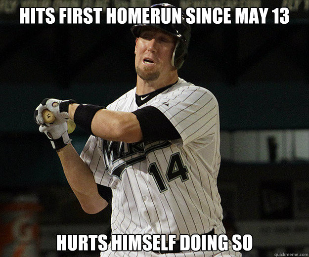 Hits first homerun since May 13 Hurts himself doing so  