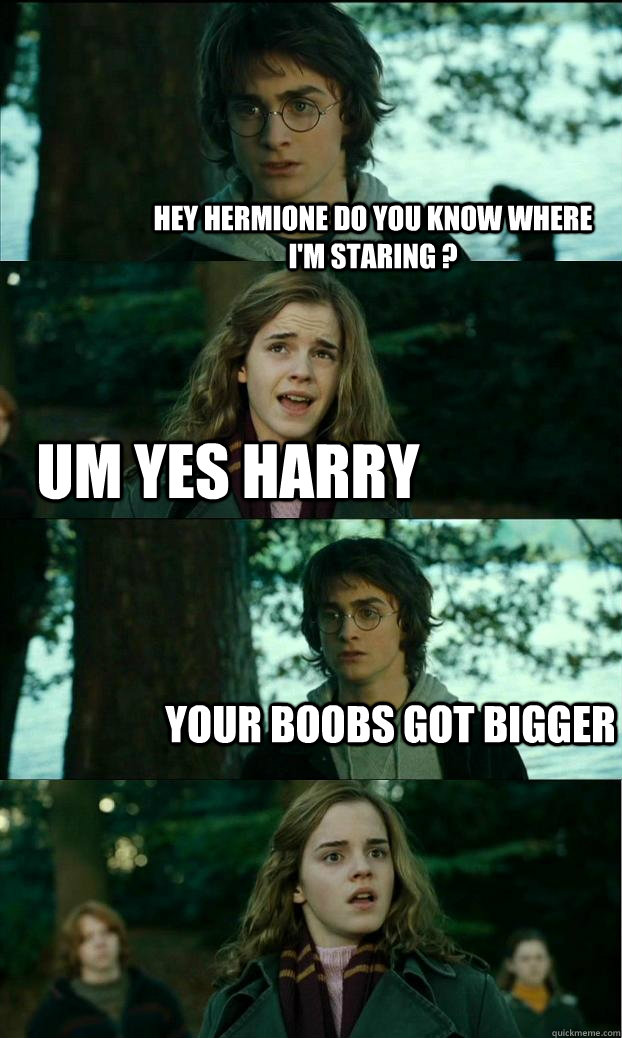 Hey Hermione do you know where I'm staring ? um yes Harry  your boobs got bigger  Horny Harry