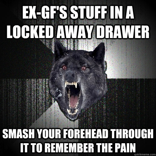 EX-GF'S STUFF IN A LOCKED AWAY DRAWER SMASH YOUR FOREHEAD THROUGH IT TO REMEMBER THE PAIN  Insanity Wolf