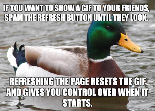 If you want to show a gif to your friends, spam the refresh button until they look.  Refreshing the page resets the gif and gives you control over when it starts.  - If you want to show a gif to your friends, spam the refresh button until they look.  Refreshing the page resets the gif and gives you control over when it starts.   Actual Advice Mallard