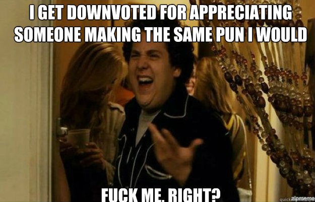 I get downvoted for appreciating someone making the same pun I would FUCK ME, RIGHT?  fuck me right
