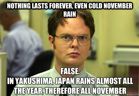 nothing lasts forever, even cold november rain False.
In yakushima, japan rains almost all the year, therefore all november  Schrute