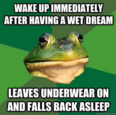 Wake up immediately after having a wet dream Leaves underwear on and falls back asleep  Foul Bachelor Frog