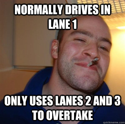 normally drives in lane 1 only uses lanes 2 and 3 to overtake  GGG plays SC