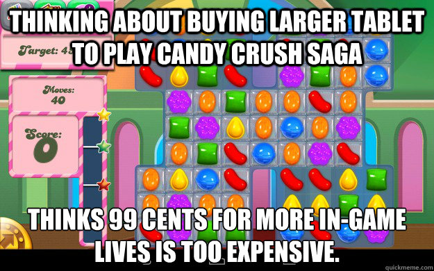Thinking about buying larger tablet to play Candy Crush Saga Thinks 99 cents for more in-game lives is too expensive.
 - Thinking about buying larger tablet to play Candy Crush Saga Thinks 99 cents for more in-game lives is too expensive.
  Candy Crush Saga Problems