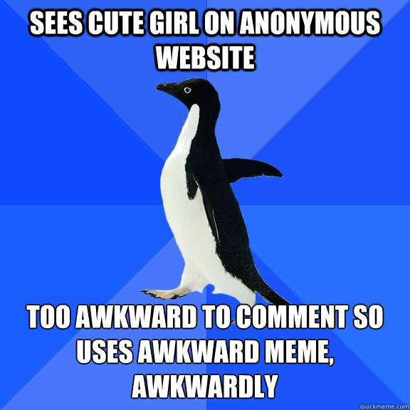 sees cute girl on anonymous website too awkward to comment so uses awkward meme, awkwardly  Socially Awkward Penguin