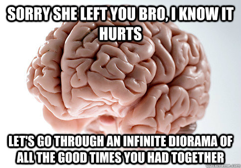 SORRY SHE LEFT YOU BRO, I KNOW IT HURTS LET'S GO THROUGH AN INFINITE DIORAMA OF ALL THE GOOD TIMES YOU HAD TOGETHER - SORRY SHE LEFT YOU BRO, I KNOW IT HURTS LET'S GO THROUGH AN INFINITE DIORAMA OF ALL THE GOOD TIMES YOU HAD TOGETHER  Scumbag Brain
